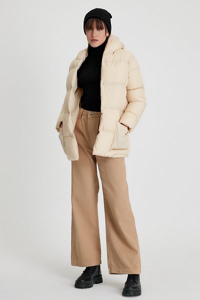 Tonny Black Women's Beige Monica Regular Cut Long Front Button Filled Waterproof Fabric Hooded Coat Tbg094
