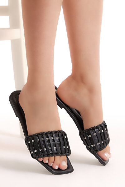 Tonny Black Women's Black Front Striped Patterned Single Strap Slippers