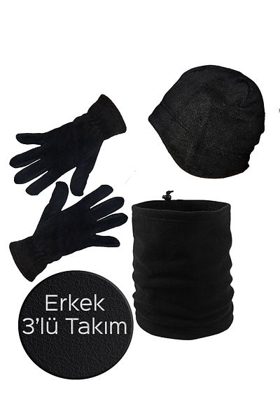 Mrey Men's Black Double Layer Fleece Eared Beret - Winter Fleece Gloves - String Beanie Neck Collar Set of 3