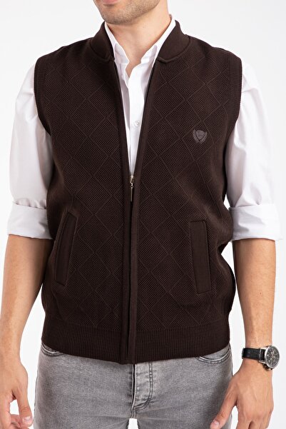 Mutlu City Ανδρικό πλεκτό γιλέκο μέσης ηλικίας και άνω - με φερμουάρ, χειμώνα, ακρυλικό, χρώμα καφέ 2073