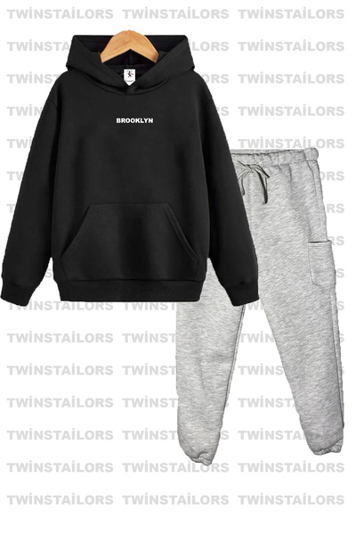 twins tailors طقم بدلة رياضية سوداء اللون مطبوعة للجنسين من بروكلين