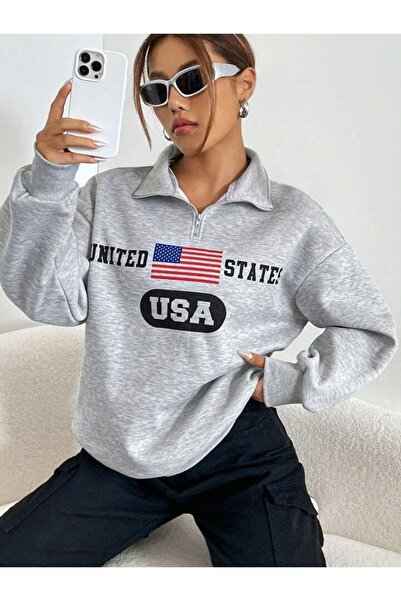 LOUİSA Hanorac pentru femei, cu jumătate de fermoar, cu imprimeu SUA, cu gule...