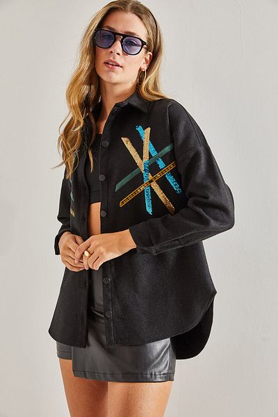 Bianco Lucci Women's Sequin Pallet Embroidered Stamp Shirt