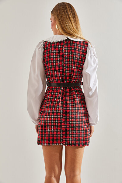 Bianco Lucci Women's Belted Plaid Patterned Collar Dress