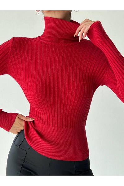 Damla Pulover Slimfit din bumbac cu gât roscat - Gât înalt