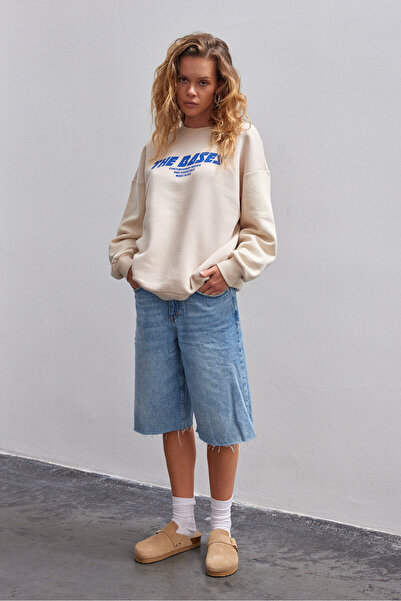 Bases Beige Blue Printed Crew Neck Oversize Sweatshirt with Fleece Inside