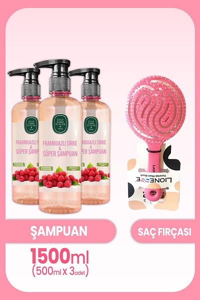 Eyüp Sabri Tuncer Raspberry Vinegar and Shampoo - 500ml x 3 Pieces and Hair Brush