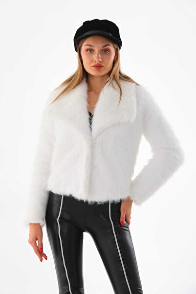 S&A Collectionn Women's Wide Jacket Collar Taille gefüttert Verschluss Pelz Weiß