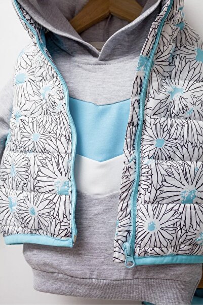 PODİUM GİYİM New Trend Season 2/5 Years Floral φουσκωτό γιλέκο με κουκούλα 3'li Κομψό Σετ αθλητικής φόρμας-Cherry