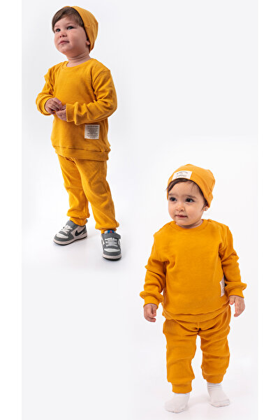 Bubito Unisex Hat Crest Detailed Waffle 3-Piece Bottom Top Set-Mustard