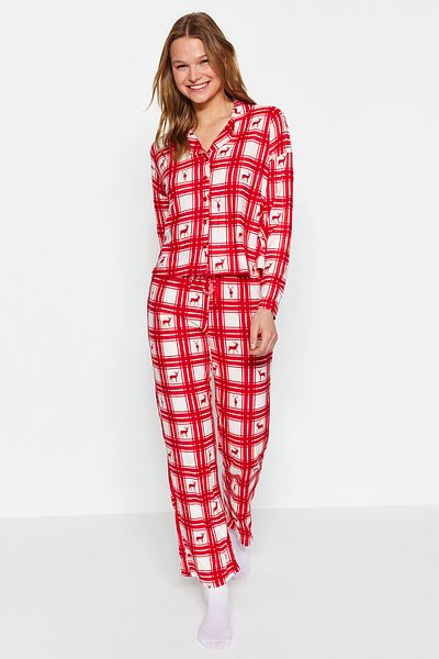 Trendyol Collection Kostkovaná košile-kalhoty Pletené pyžamo se vzorem Red Deer THMAW24PT00096