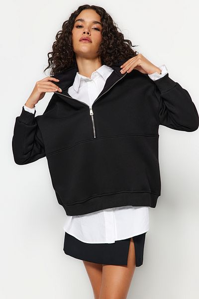 Trendyol Collection Черен плетен суитшърт с полар с дебела вътрешна част и широка кройка с половин цип TWOAW24SW00416