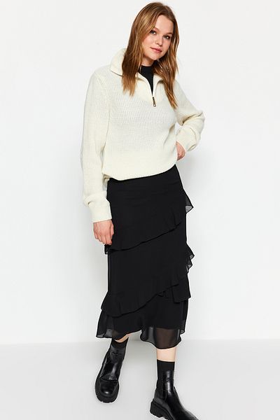 Trendyol Collection Schwarzer Midi-Chiffonrock – Schwungrad-Detail, gewebt, TWOAW24ET00269