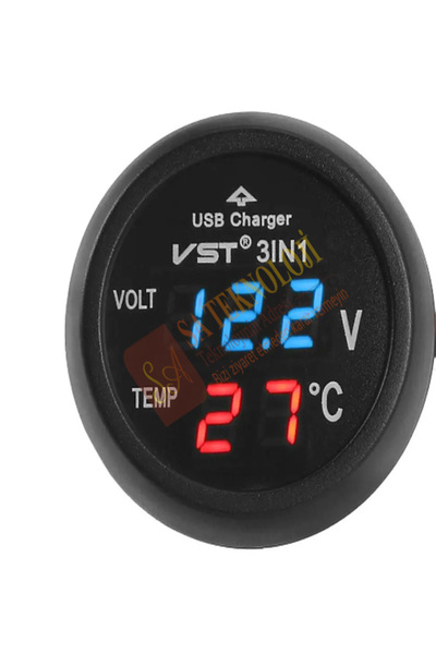 sateknoloji Araç Voltmetre termometre usb 3 in1(Mavi Kırmızı)