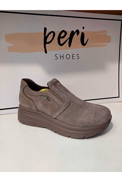 Mammamia Hakiki Deri Dolgu Topuklu Vizon Nubuk Günlük Kadın Ayakkabı