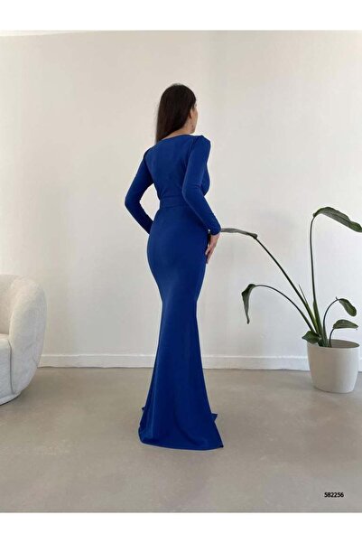 ModaLy Moda ESNEK KUMAŞ KIRMIZI RENK KRUVAZE YAKA KEMERLİ YIRTMAÇLI UZUN KOLLU ABİYE ELBİSE GL-714 582256