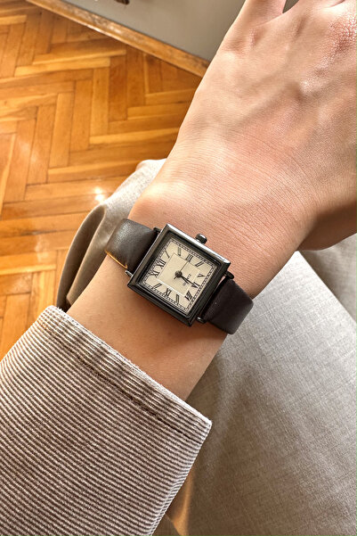 pierrose Bitter Brown Leather Cord Vintage Classic Square Minimal Women's Wri...