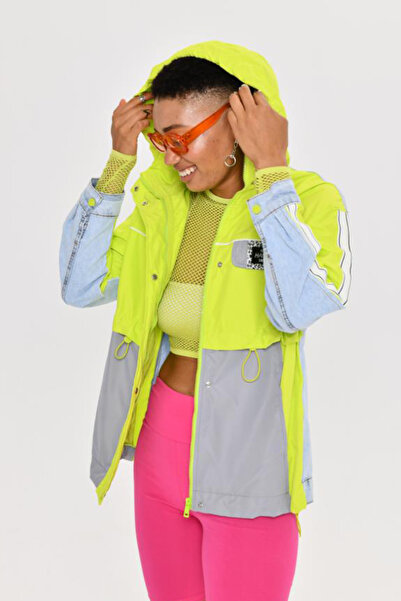 fehika Kadın Sarı Hardal / Mavi Kapüşonlu Cepli Oversize Trençkot Kolej Dokuma Garni Denim Jean Ceket