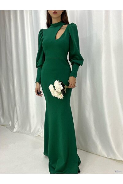 ModaLy Moda مرنة الغوص النسيج اللون الأخضر تاجر قطع الرقبة طويلة الأكمام مساء...