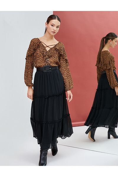 Koton Bluse mit Leopardenmuster, Chiffon, langärmelig, Rüschen, V-Ausschnitt
