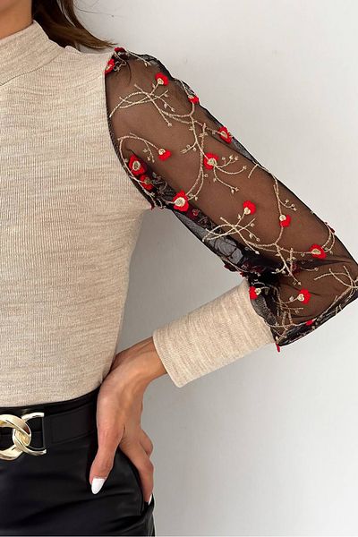 Neşeli Butik Pulover tricotaj de damă cu detaliu de broderie - KKLF55
