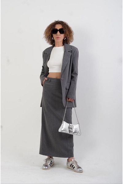 Zelish My Sister Anthracite Poly Striped Skirt with Side Slits