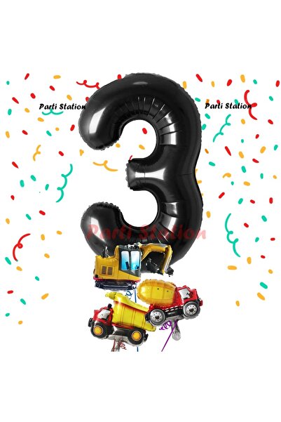 Parti Station Siyah Renk Rakam Balon Küçük Boy İnşaat Balonlu 3 Yaş İnşaat Ka...