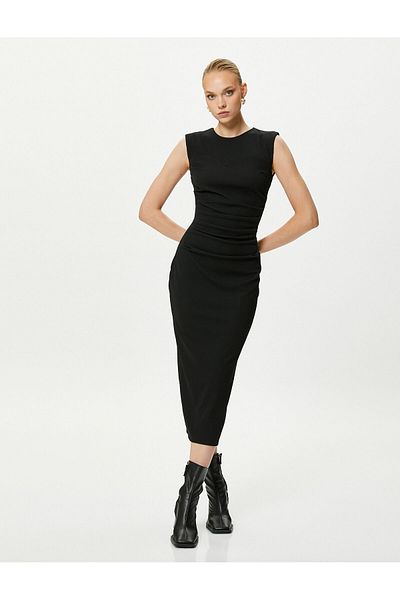 Koton Μίντι πλεκτό φόρεμα Crew λαιμόκοψη Αμάνικο Bodycon ντραπέ σκίσιμο