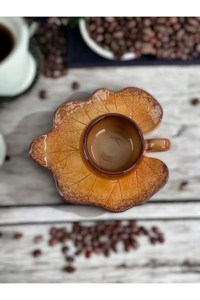 Artistic Quality Decorative Pumpkin Leaf Figured, Brown Colored Tea Coffee Cup Set for 1 Person