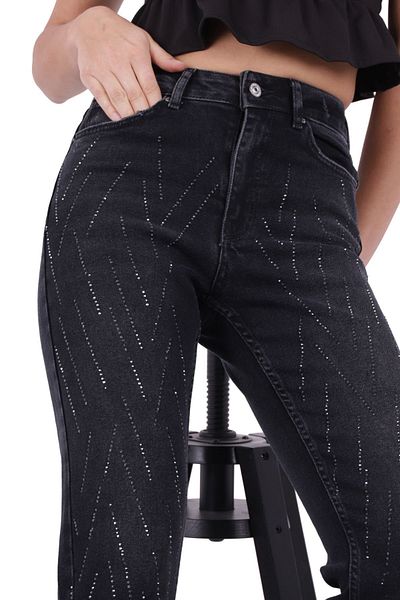 RICHMOST Striped Jewelled and High Waisted Legs Seamless Mom Jean Women's Jeans Anthracite Denim