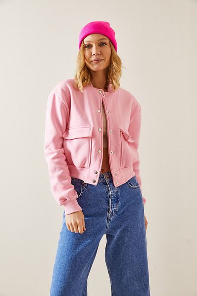 XHAN Pink Snap Buttoned Crop Bomber Jacket 3YXK4-47551-20