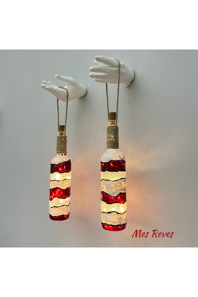 Mes Reves Kadın El Heykeli Dekorlu Peri LED Işıklı Kırmızı Beyaz Vitray Boyama Şampanya Şişesi Aplik 2'li Set