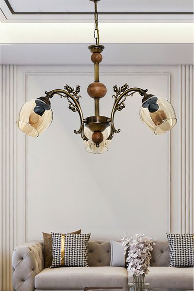 DEDE THREE ARMS WOODEN TOLD LALE ZAMAK CHANDELIER WITH HONEY COLOR GLASS