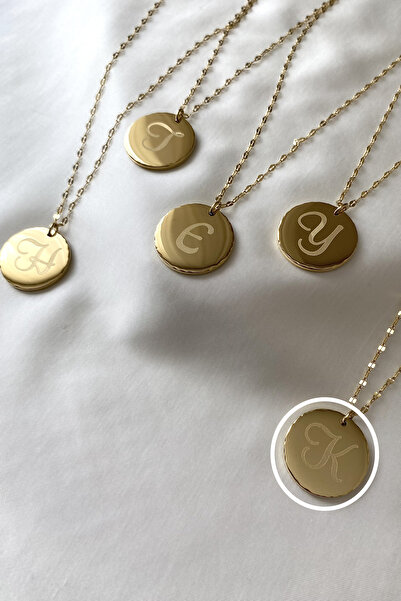 SilverStone Çelik Kolye - K Harf Madalyon Plaka Gold Altın Rengi Zincir 316 L Harfli Çelik Kolye