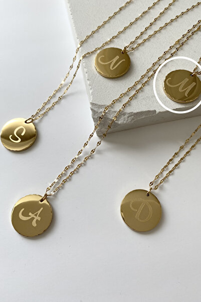 SilverStone Çelik Kolye - M Harf Madalyon Plaka Gold Altın Rengi Zincir 316 L Çelik Kolye