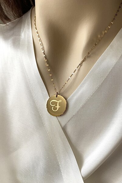 SilverStone Çelik Kolye - Y Harf Madalyon Plaka Gold Altın Rengi Zincir 316 L Çelik Kolye