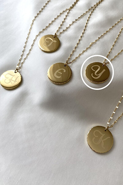 SilverStone Çelik Kolye - Y Harf Madalyon Plaka Gold Altın Rengi Zincir 316 L Çelik Kolye