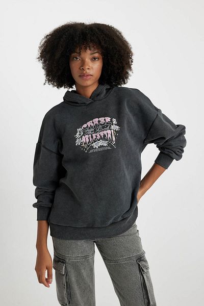 DeFacto Oversize Wide Fit Back Printed Hooded Faded Washing Effect Thick Sweatshirt B7282Ax23Wn