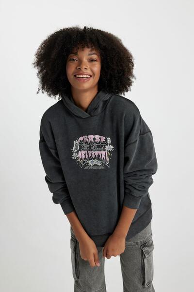 DeFacto Oversize Wide Fit Back Printed Hooded Faded Washing Effect Thick Sweatshirt B7282Ax23Wn
