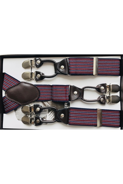 KemerSepeti Bordo Lacivert İnce Beyaz Çizgili 6 Klipsli Pantolon Askısı