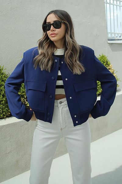 lovebox 50 Cm Navy Blue Bomber Jacket with Snap Buttons, Ribbed Elastic Edges, Large Pockets 24k54404