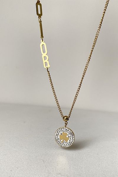 SilverStone Women's Gold Color Zircon Stone Brand Written Clover Steel Necklace