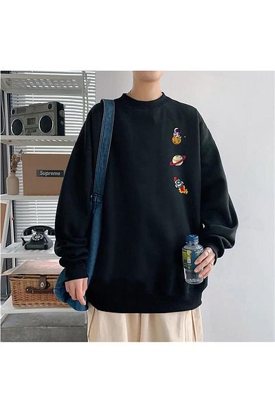 Touz Φούτερ LAGOM FASHION Space Things με στάμπα μαύρο Unisex Oversize με λαιμόκοψη