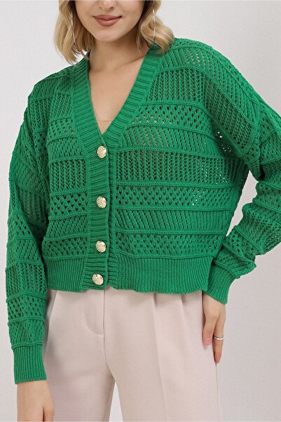 VEGENZE Women's Green Summer Hollowed Buttoned Cardigan