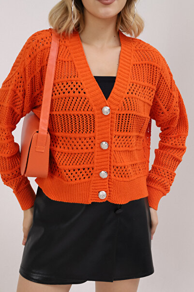 VEGENZE Women's Orange Summer Hole Buttoned Cardigan