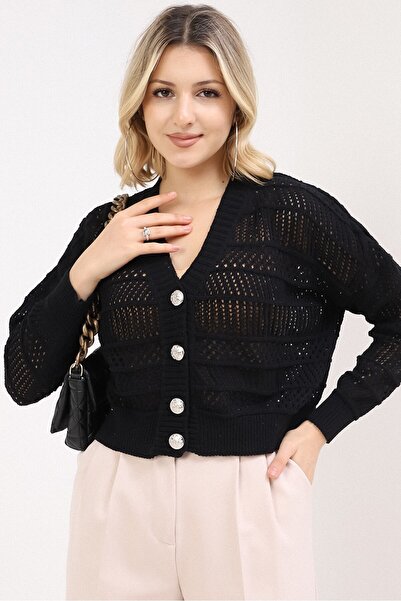 VEGENZE Women's Black Summer Hole Buttoned Cardigan