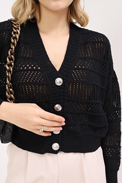 VEGENZE Women's Black Summer Hole Buttoned Cardigan