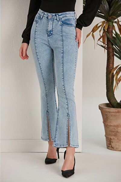 ByCukurovaFrango بنطال جينز نسائي أزرق ثلجي عالي الخصر بفتحة على الساق