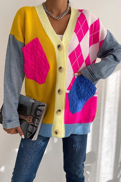 FEMELLE Women's Yellow Standard Size Pocket Button Detailed Multicolor Oversize Knitwear Cardigan
