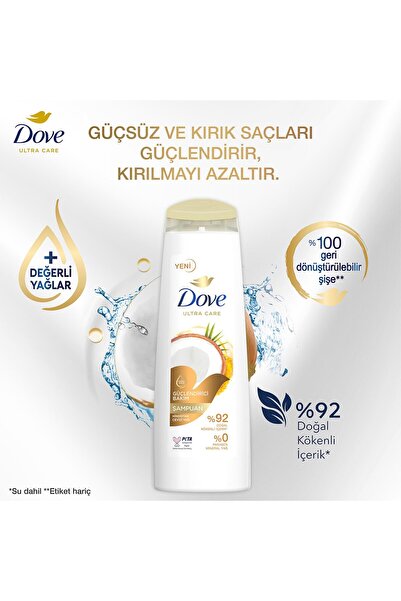 Dove Ultra Care Saç Bakım Şampuanı Güçlendirici Bakım Hindistan Cevizi Yağı 400 ml 1 Adet